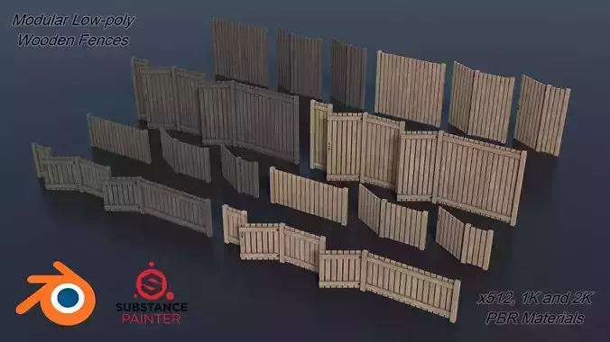 Low-poly Modular Wooden Fence set PBR Low-poly 3D model