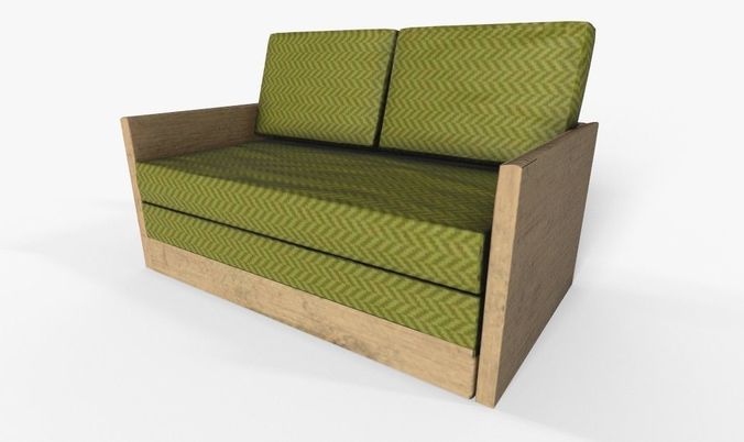 Wooden 2 Seater Couch-Sofa Low-poly 3D model