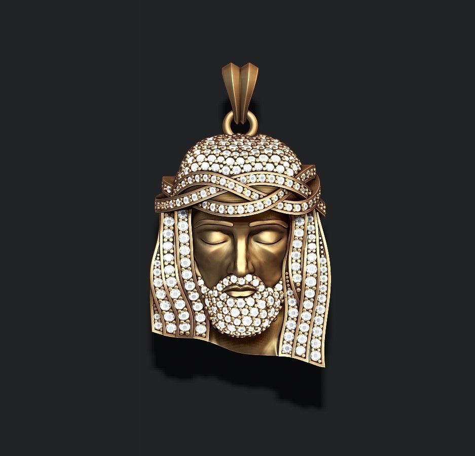 Jesus head pendant with gems 3D print model_1