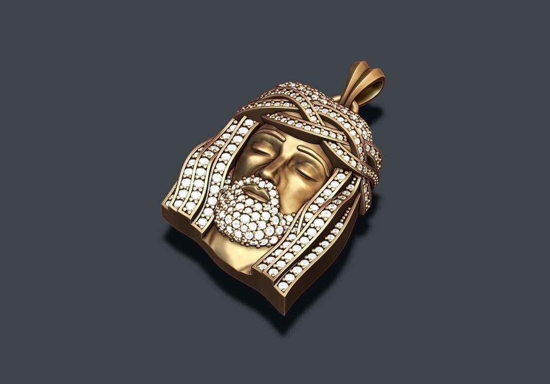 Jesus head pendant with gems 3D print model_4
