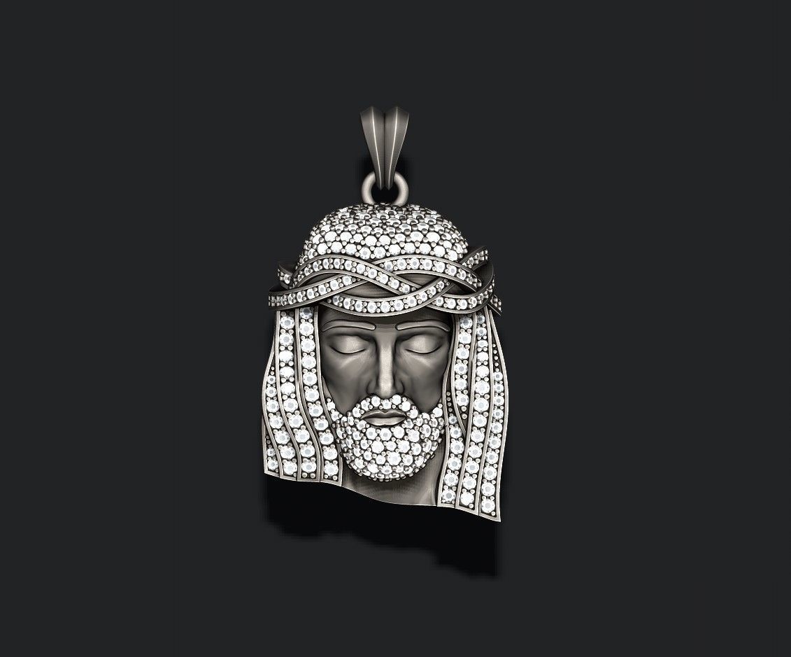 Jesus head pendant with gems 3D print model_3