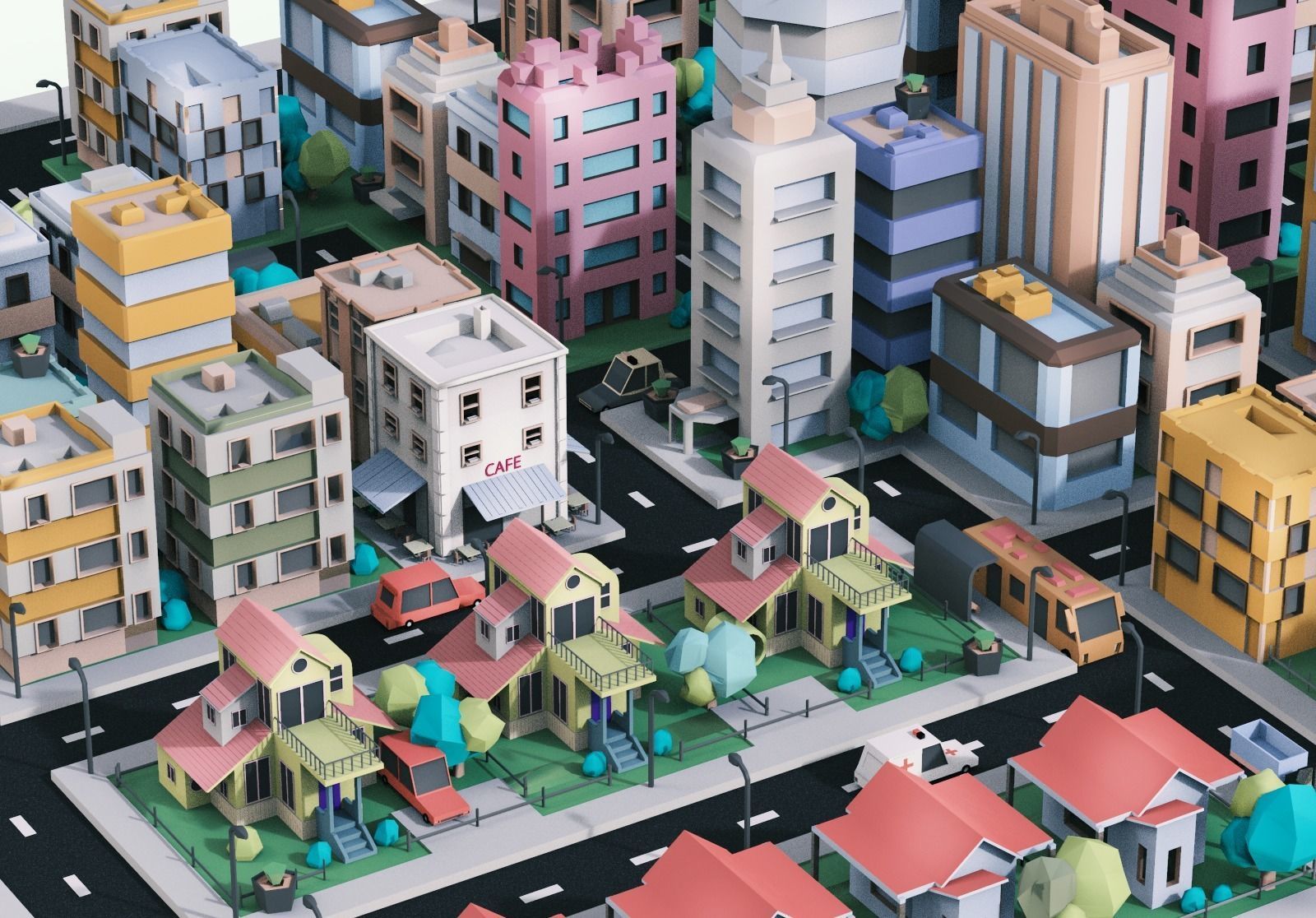 Simple City Town Low Poly Assets VR - AR - Game 3D model Low-poly 3D model_4