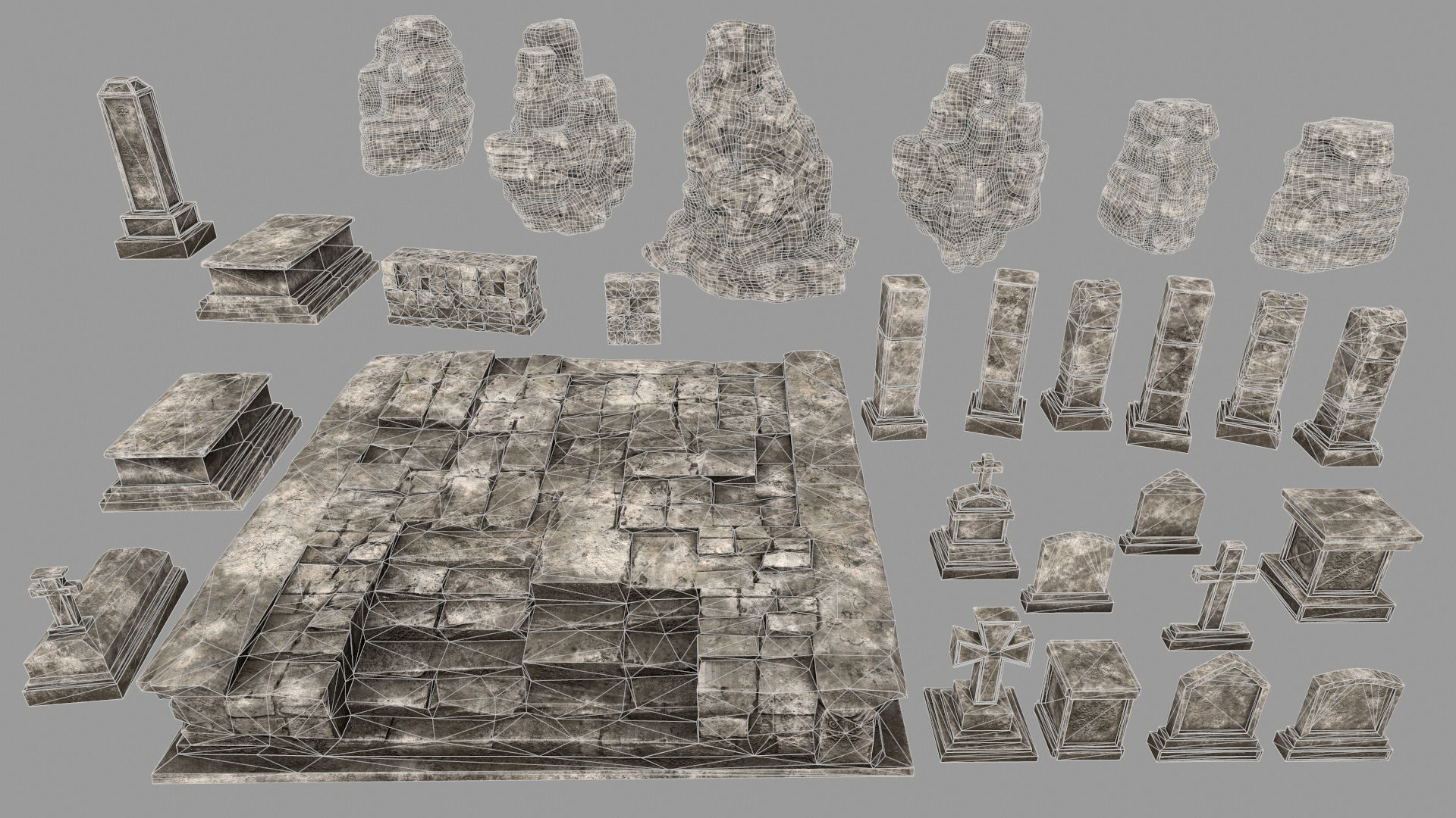 ruin set 2 stone wall with bricks Low-poly 3D model_29
