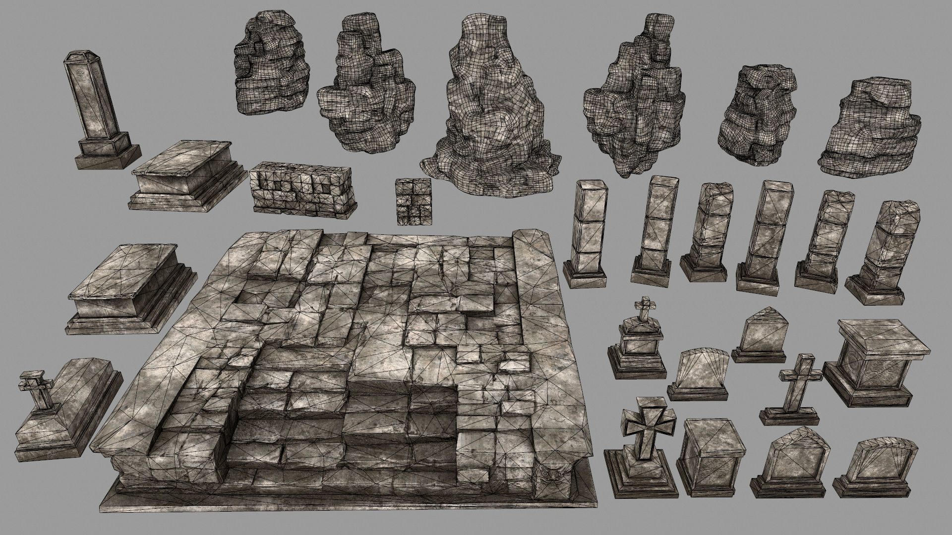 ruin set 2 stone wall with bricks Low-poly 3D model_30