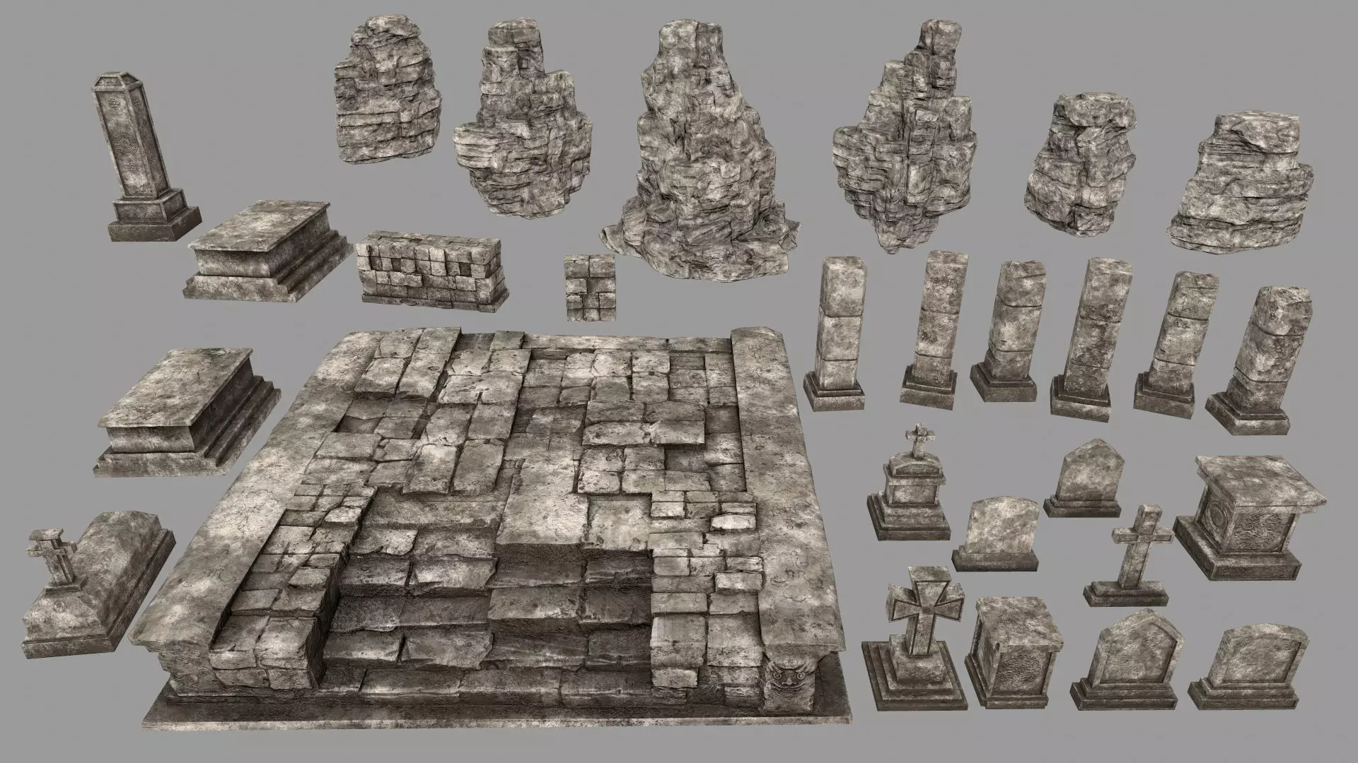 ruin set 2 stone wall with bricks Low-poly 3D model_0