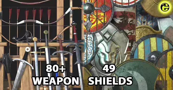 Medieval Weapons and Shields Bundle Low-poly 3D model