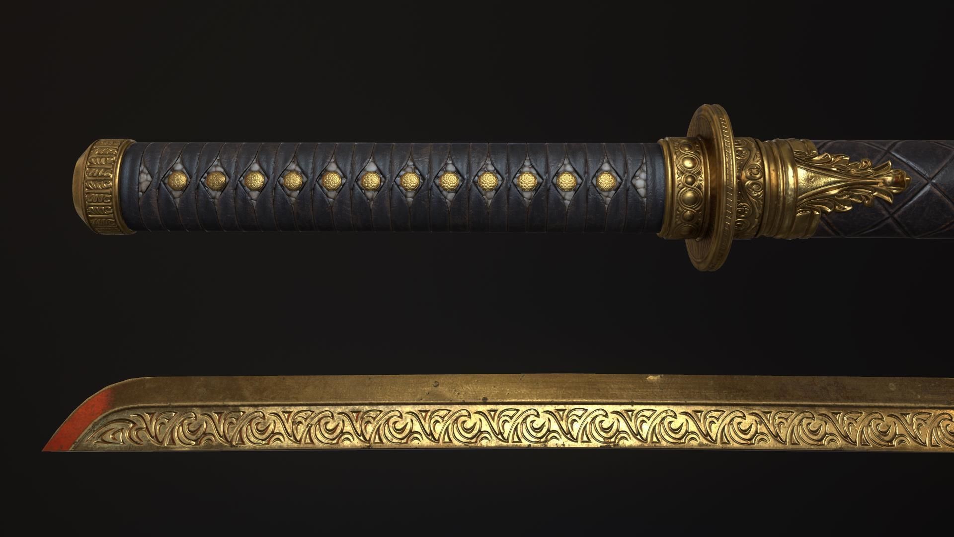 Golden Katana Sword PBR Game-Ready Low-poly 3D model_12