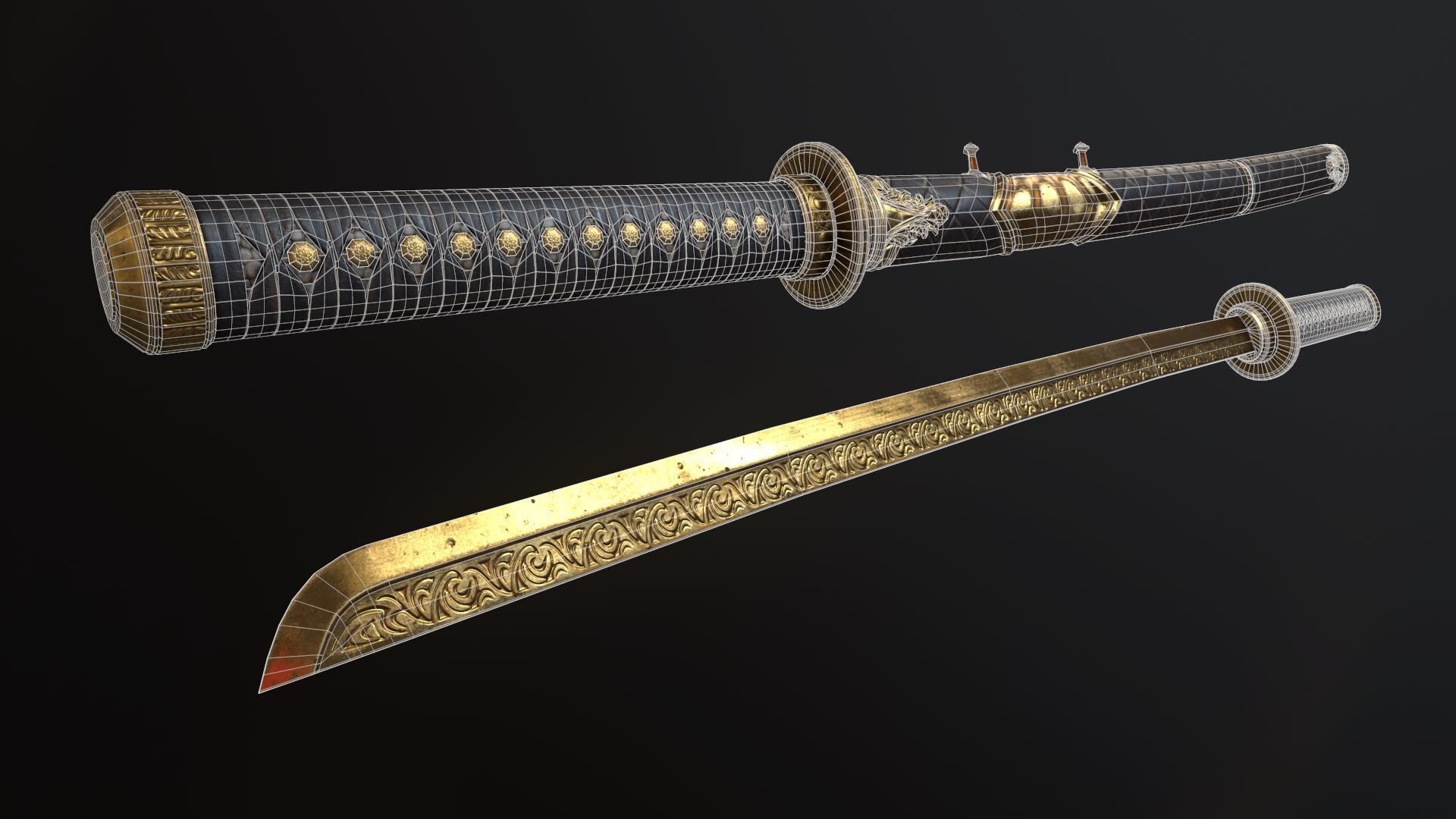 Golden Katana Sword PBR Game-Ready Low-poly 3D model_3