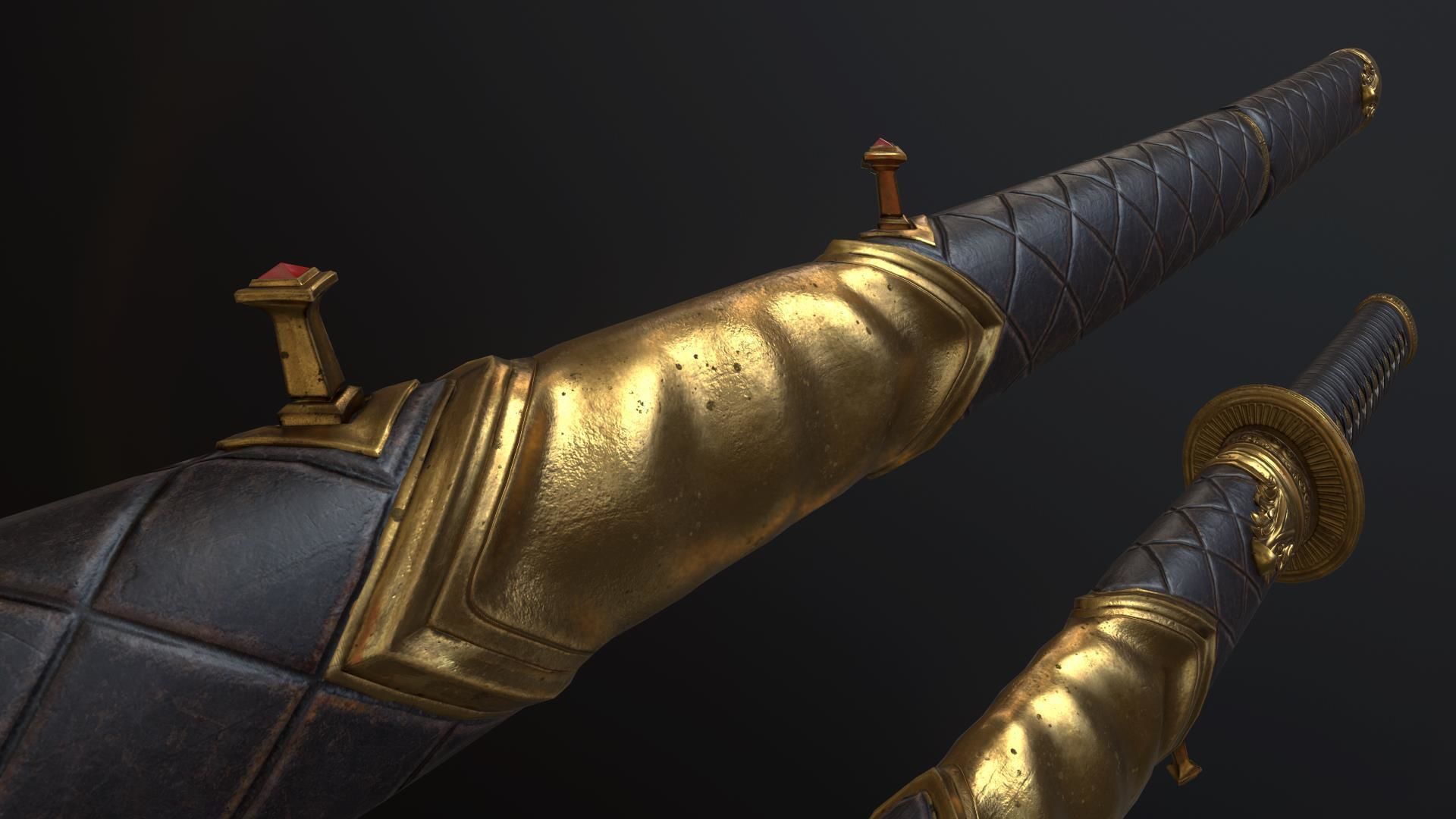 Golden Katana Sword PBR Game-Ready Low-poly 3D model_8