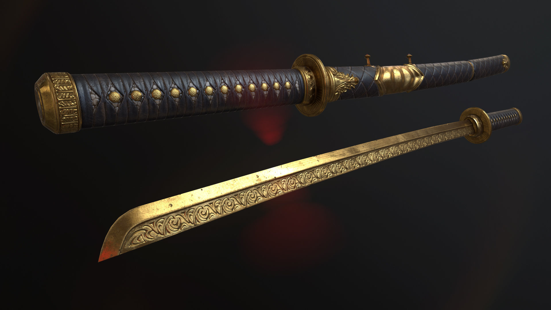 Golden Katana Sword PBR Game-Ready Low-poly 3D model_2