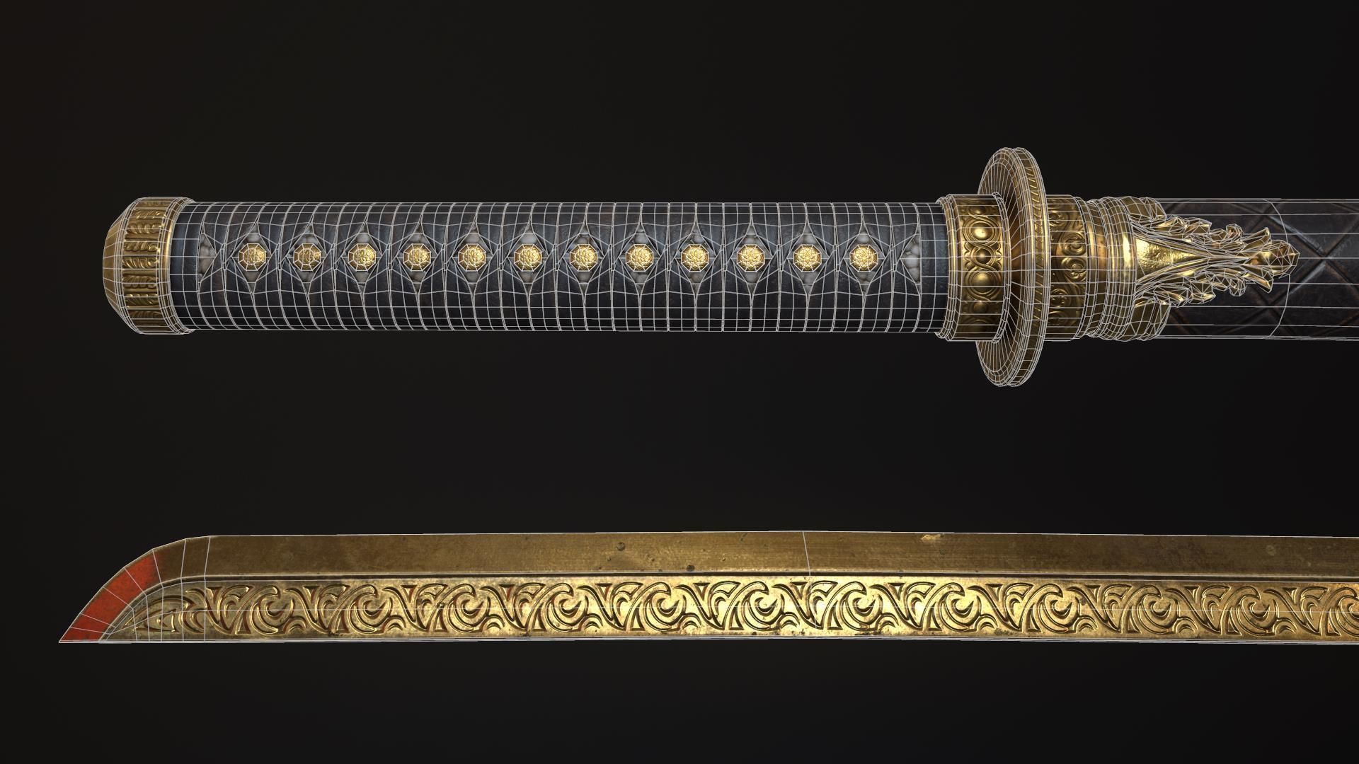 Golden Katana Sword PBR Game-Ready Low-poly 3D model_13