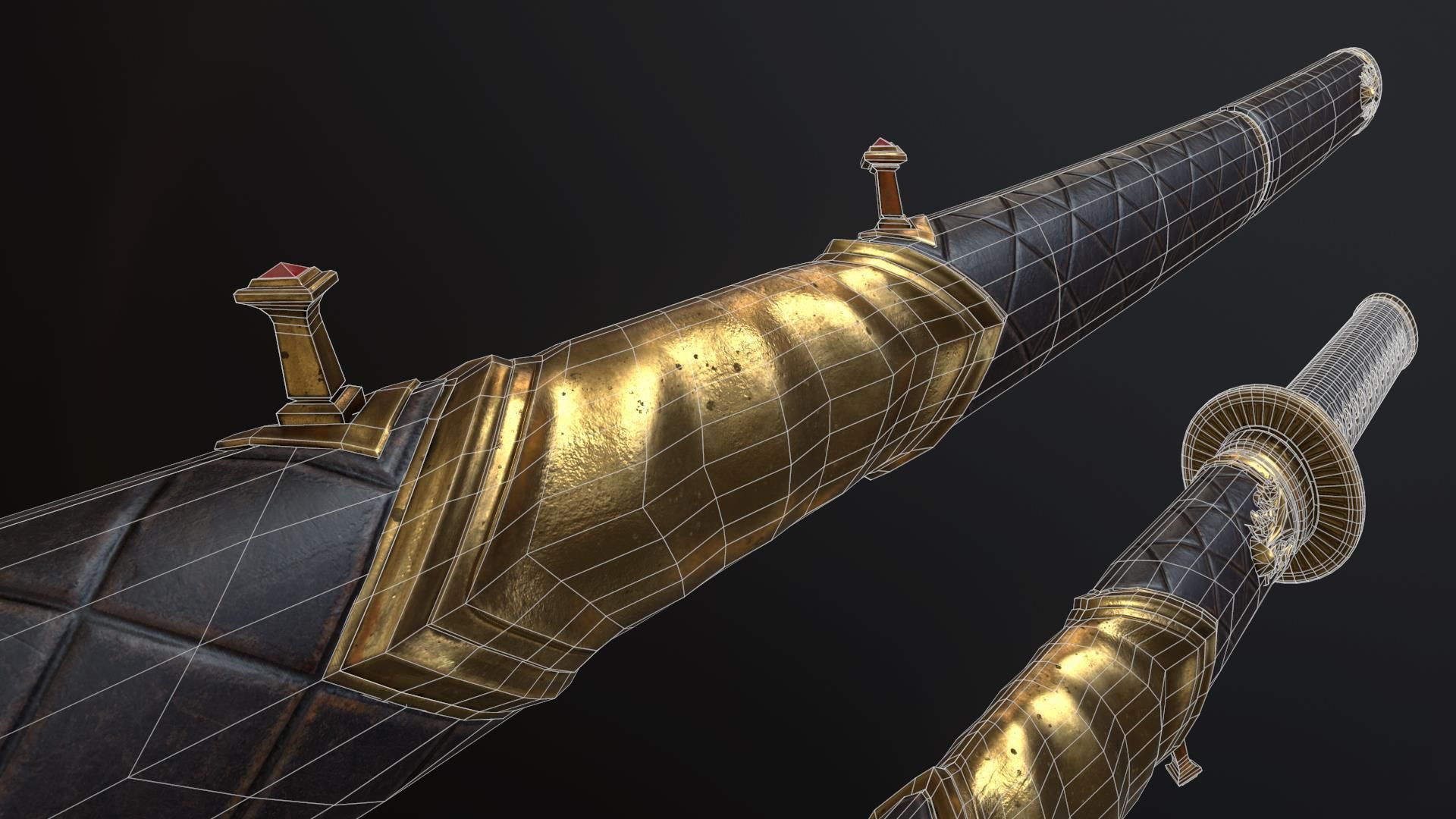 Golden Katana Sword PBR Game-Ready Low-poly 3D model_9