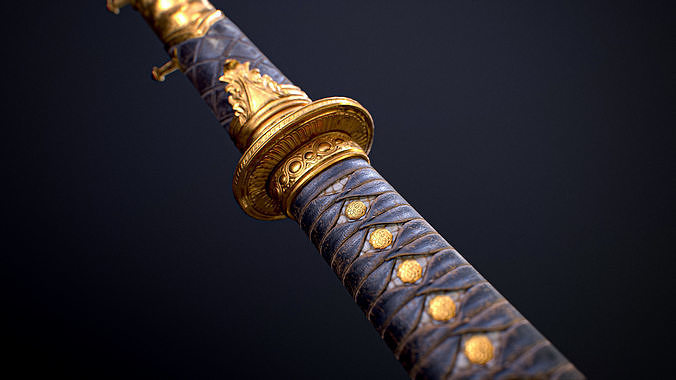 Golden Katana Sword PBR Game-Ready Low-poly 3D model