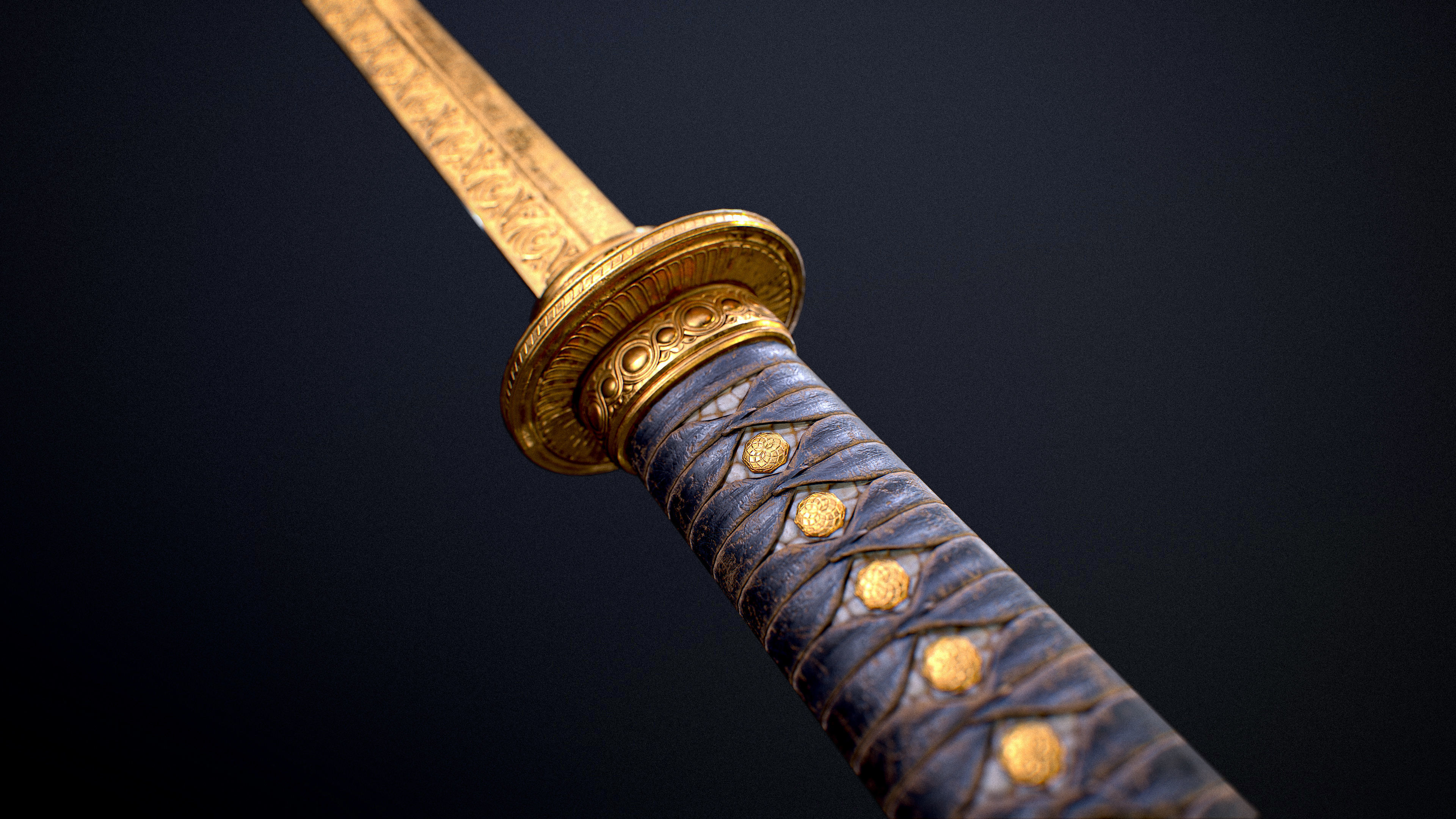 Golden Katana Sword PBR Game-Ready Low-poly 3D model_1