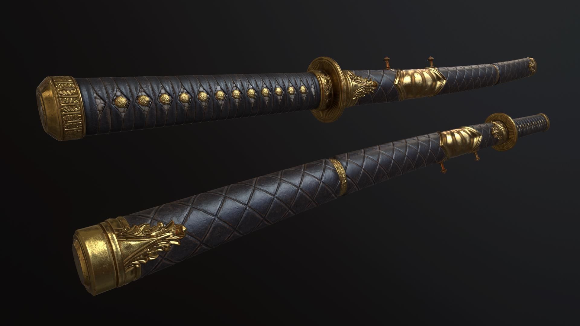 Golden Katana Sword PBR Game-Ready Low-poly 3D model_4