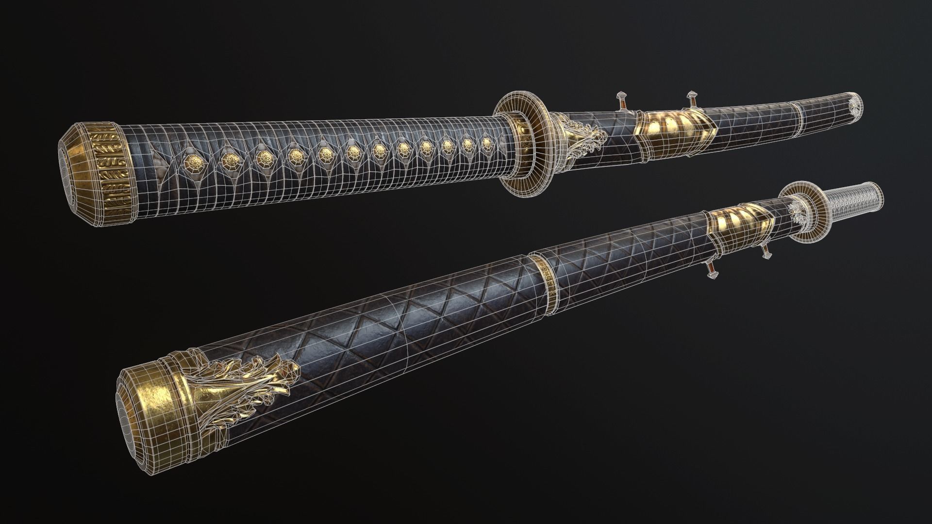 Golden Katana Sword PBR Game-Ready Low-poly 3D model_5
