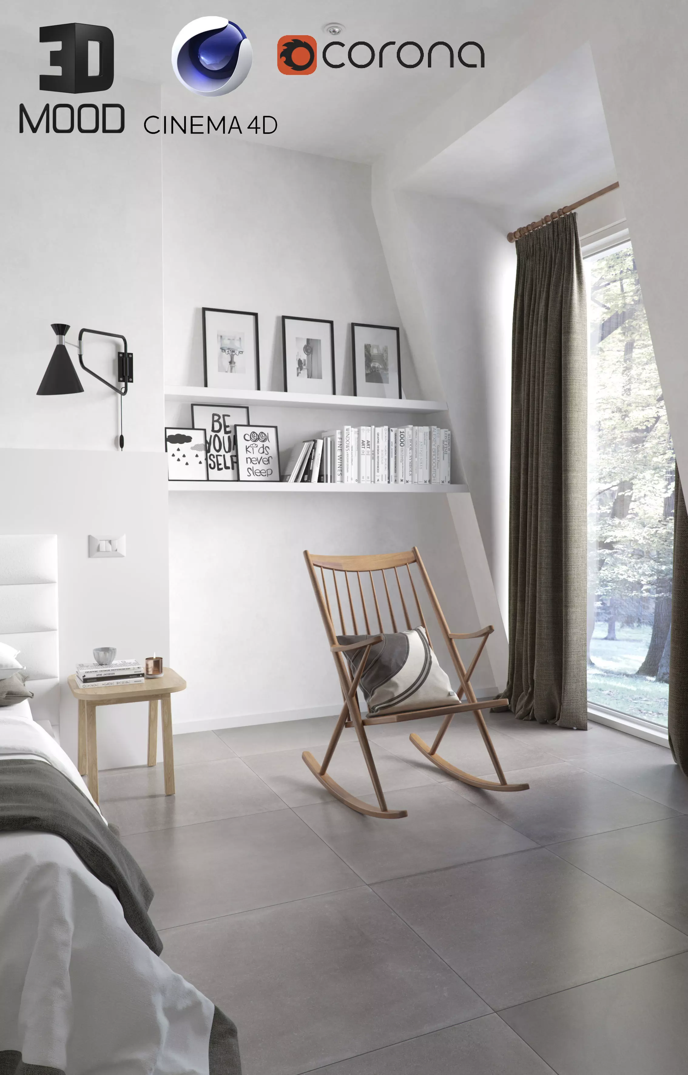 Nordik Bedroom ready to render cinema 4D and Corona 3D model_0