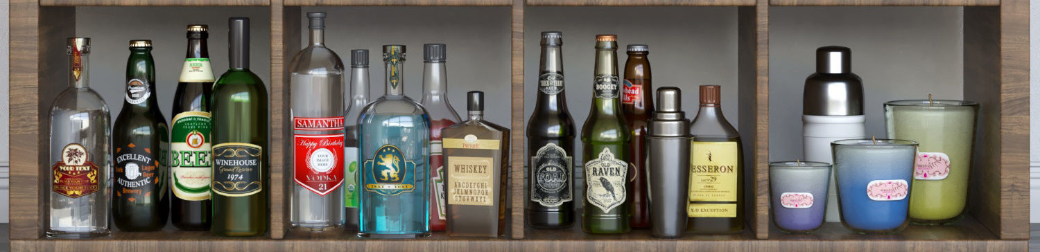 Alcohol set liquor cabinet with bottles and glasses 3D model_3