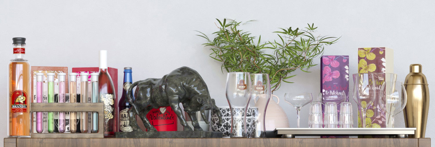 Alcohol set liquor cabinet with bottles and glasses 3D model_2