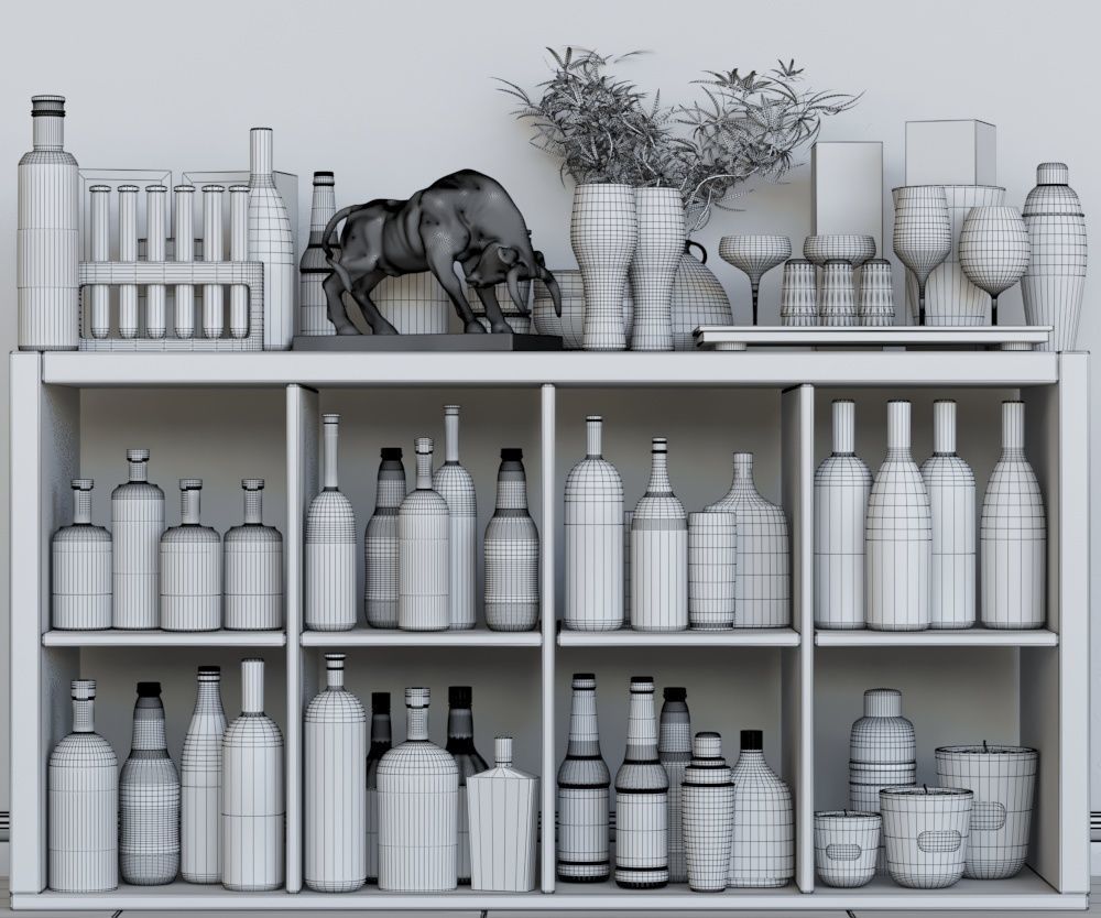 Alcohol set liquor cabinet with bottles and glasses 3D model_1