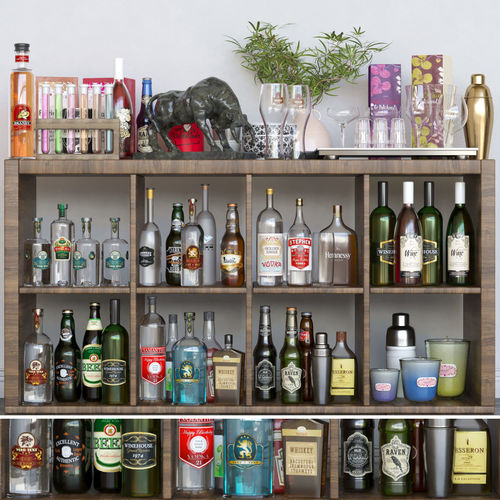Alcohol set liquor cabinet with bottles and glasses 3D model