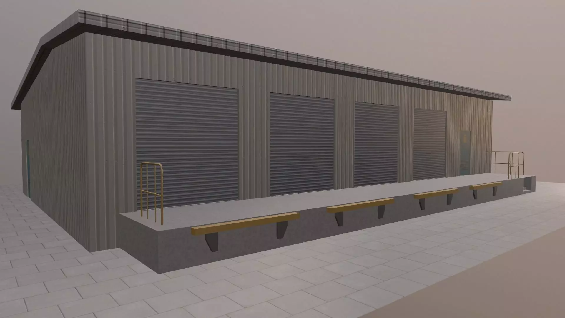 Warehouse steel building with doors and windows Free low-poly 3D model_0