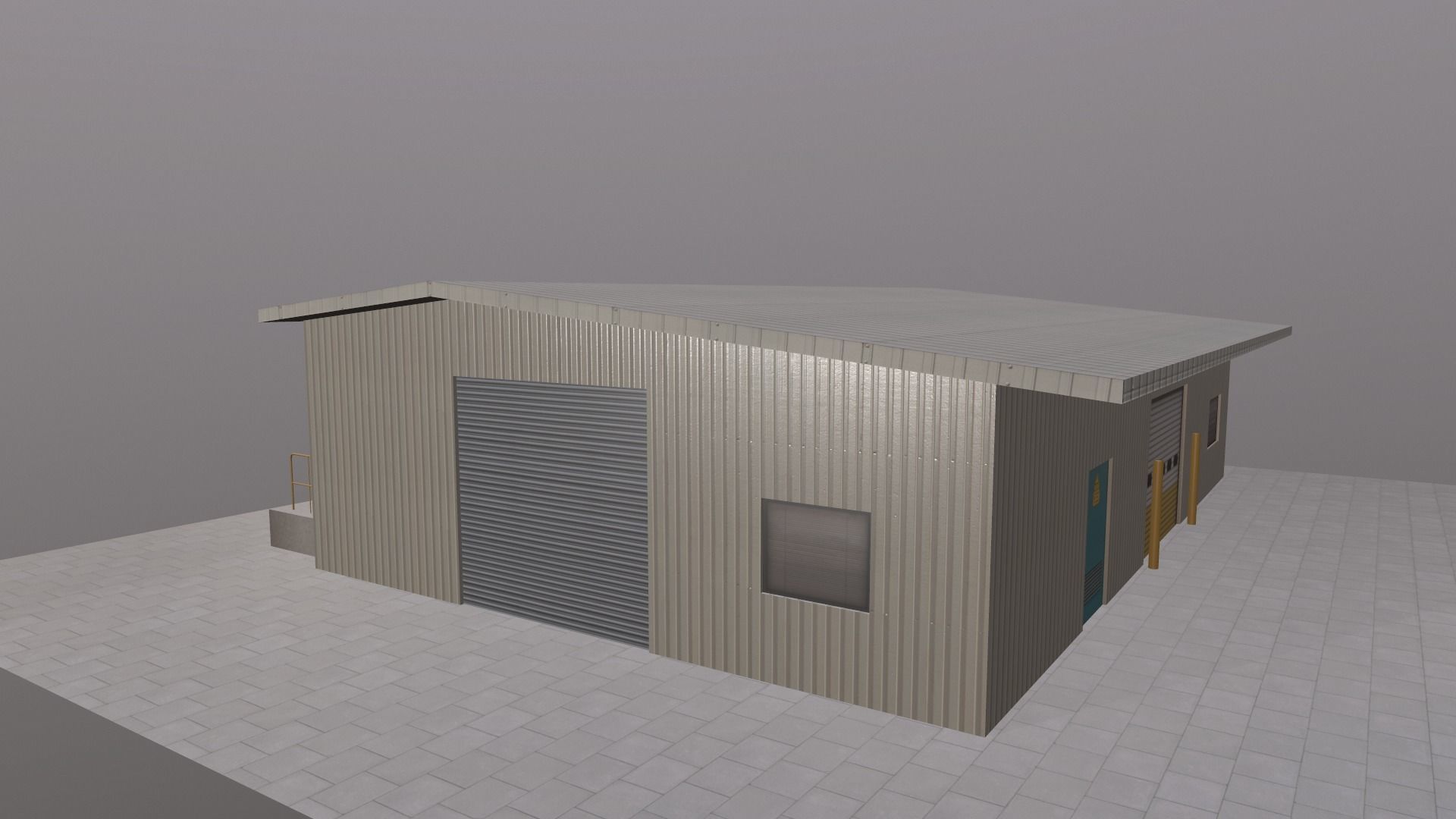 Warehouse steel building with doors and windows Free low-poly 3D model_1