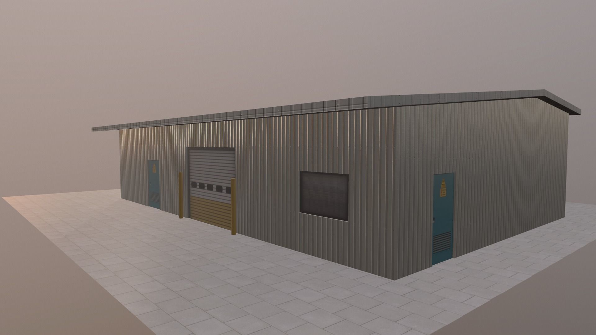Warehouse steel building with doors and windows Free low-poly 3D model_4