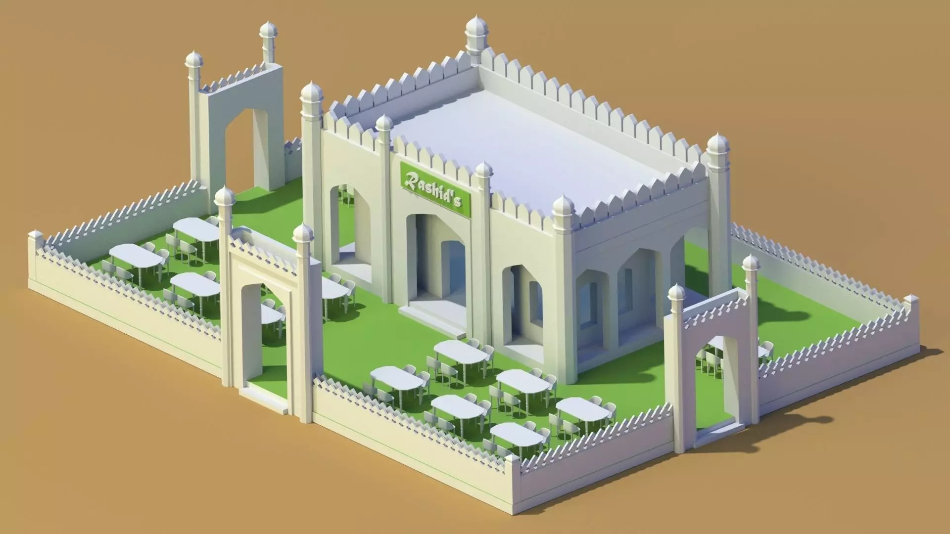 Palace mosque with tables and chairs 3D model_0