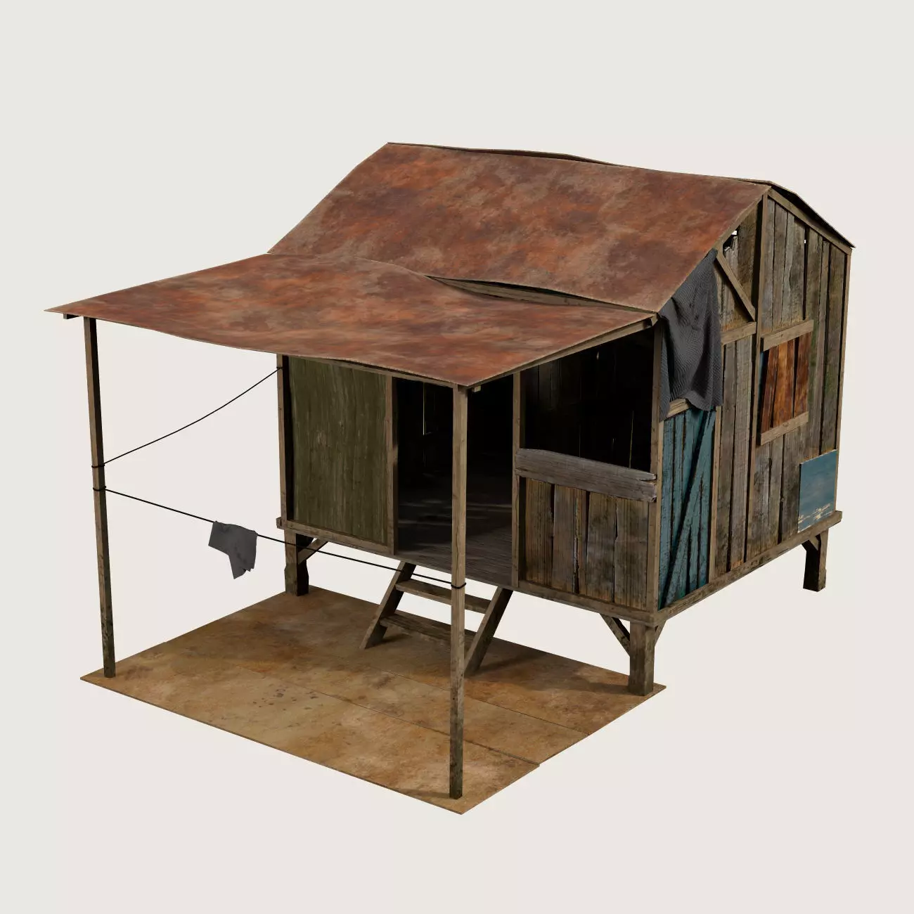 Old wooden shack Low-poly 3D model_0