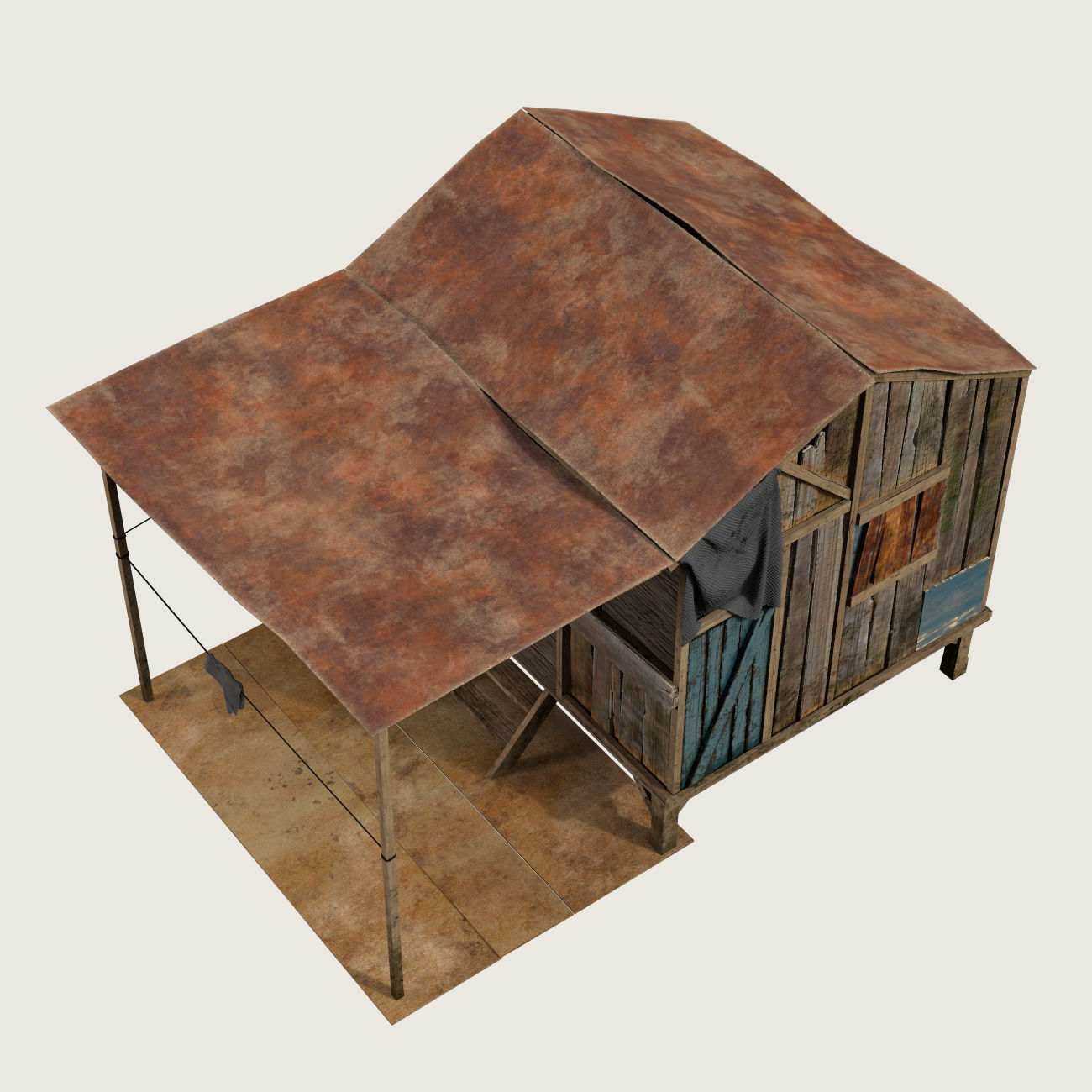 Old wooden shack Low-poly 3D model_4
