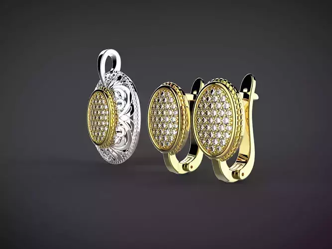 Oval earings and pendant with ornament 3D print model
