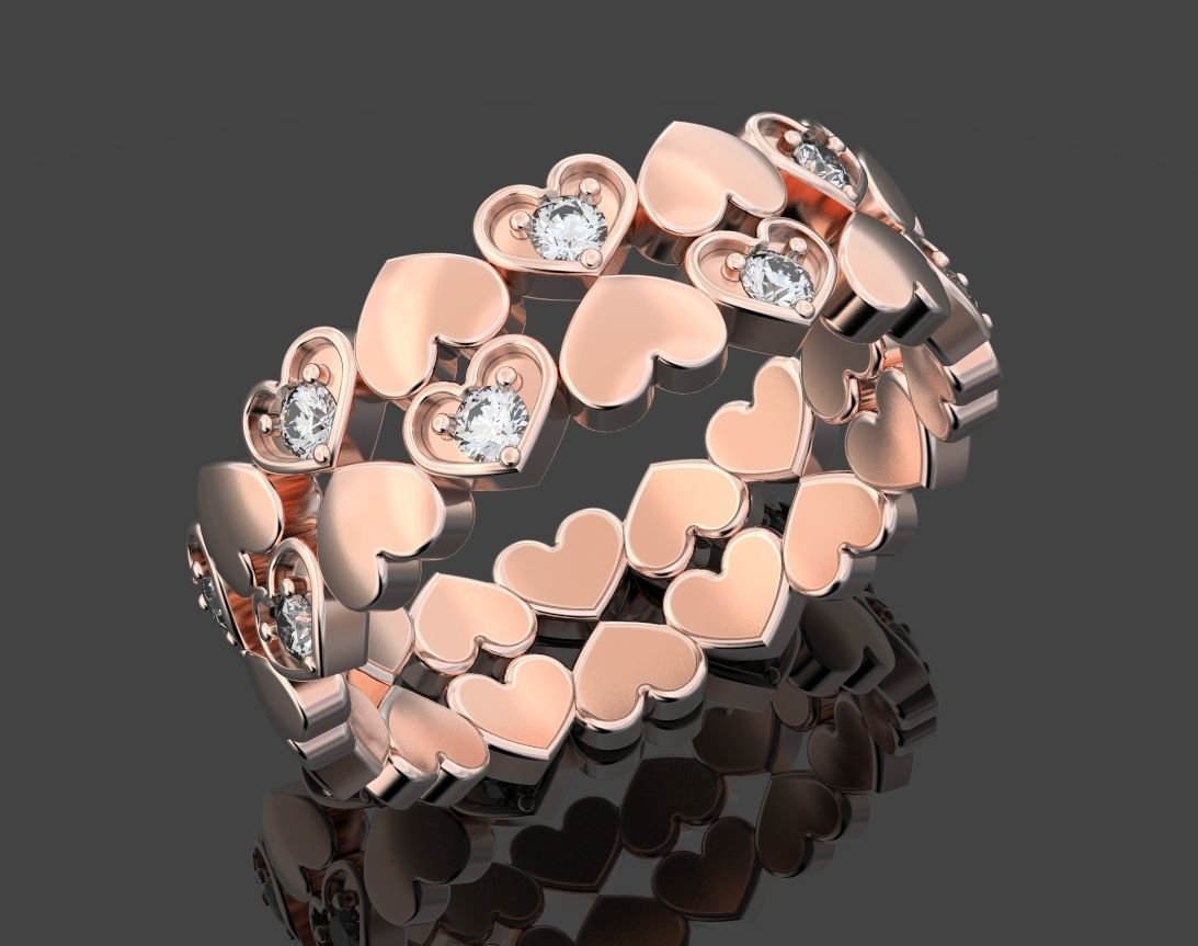 Ring with hearts and diamonds or rubies 109 3D print model_4