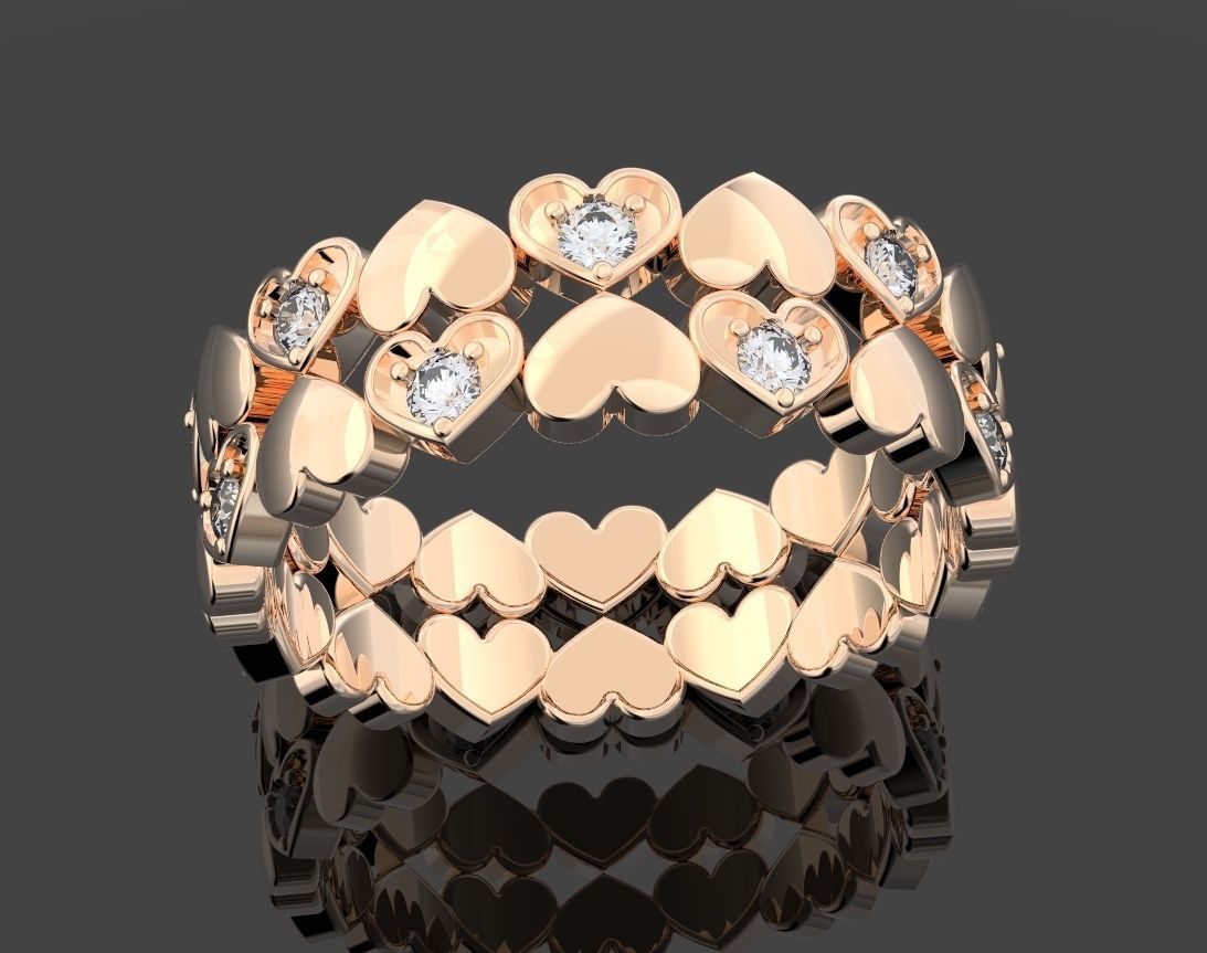 Ring with hearts and diamonds or rubies 109 3D print model_9