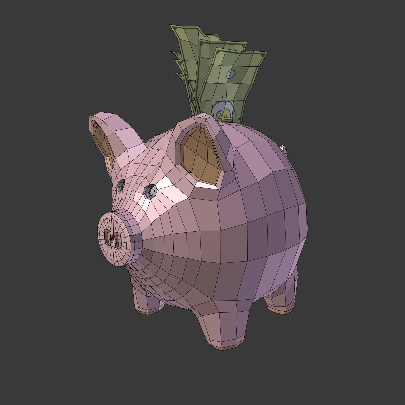 Piggy Bank With Dollar Bills Low-poly 3D model_2