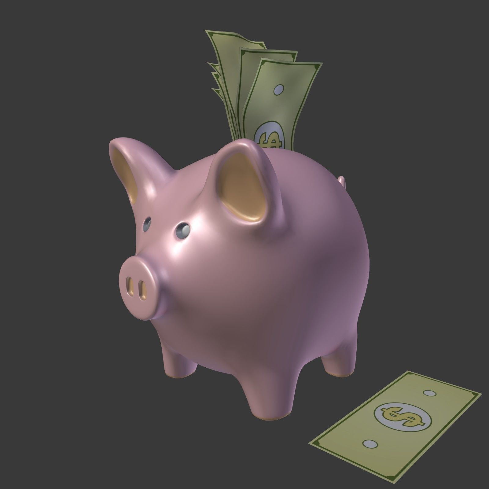 Piggy Bank With Dollar Bills Low-poly 3D model_1