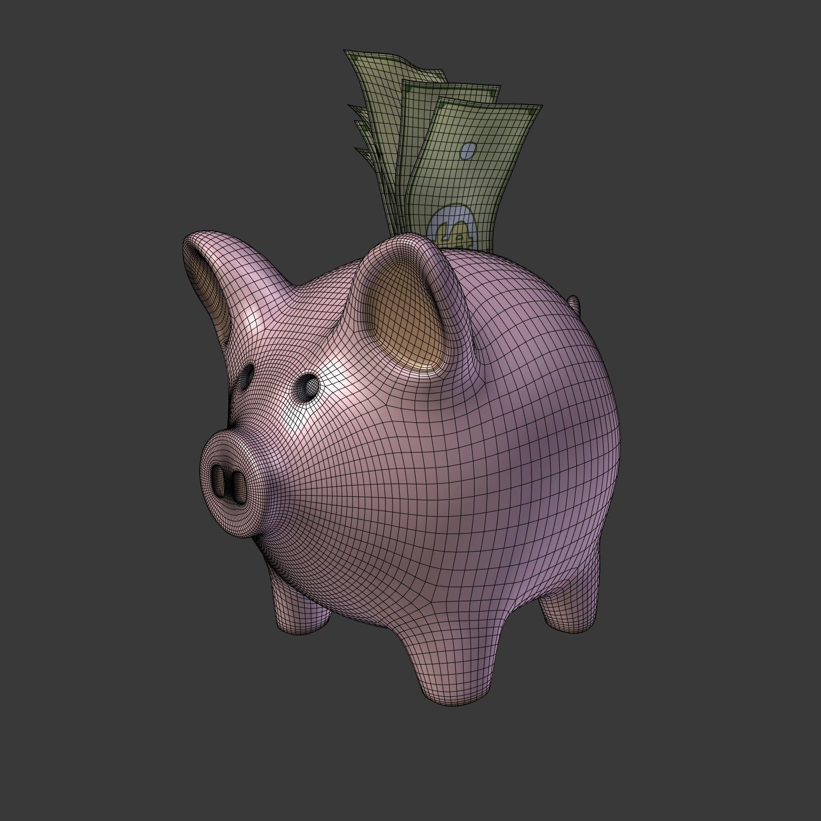 Piggy Bank With Dollar Bills Low-poly 3D model_5