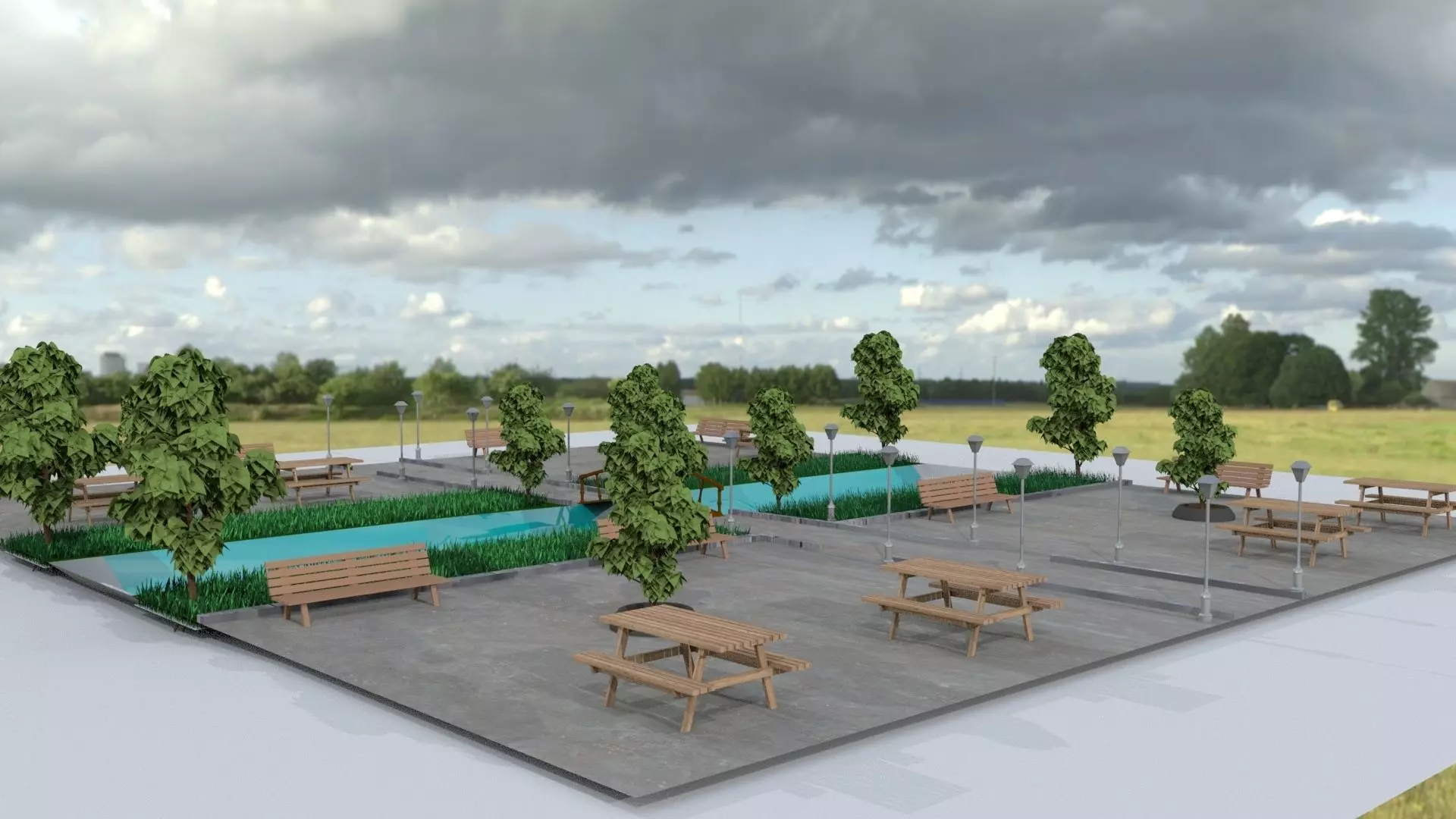 3D Park Model picnic area with benches and trees 3D model_0