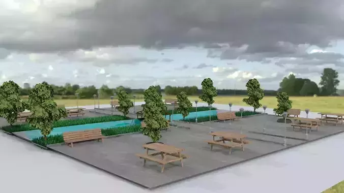 3D Park Model picnic area with benches and trees