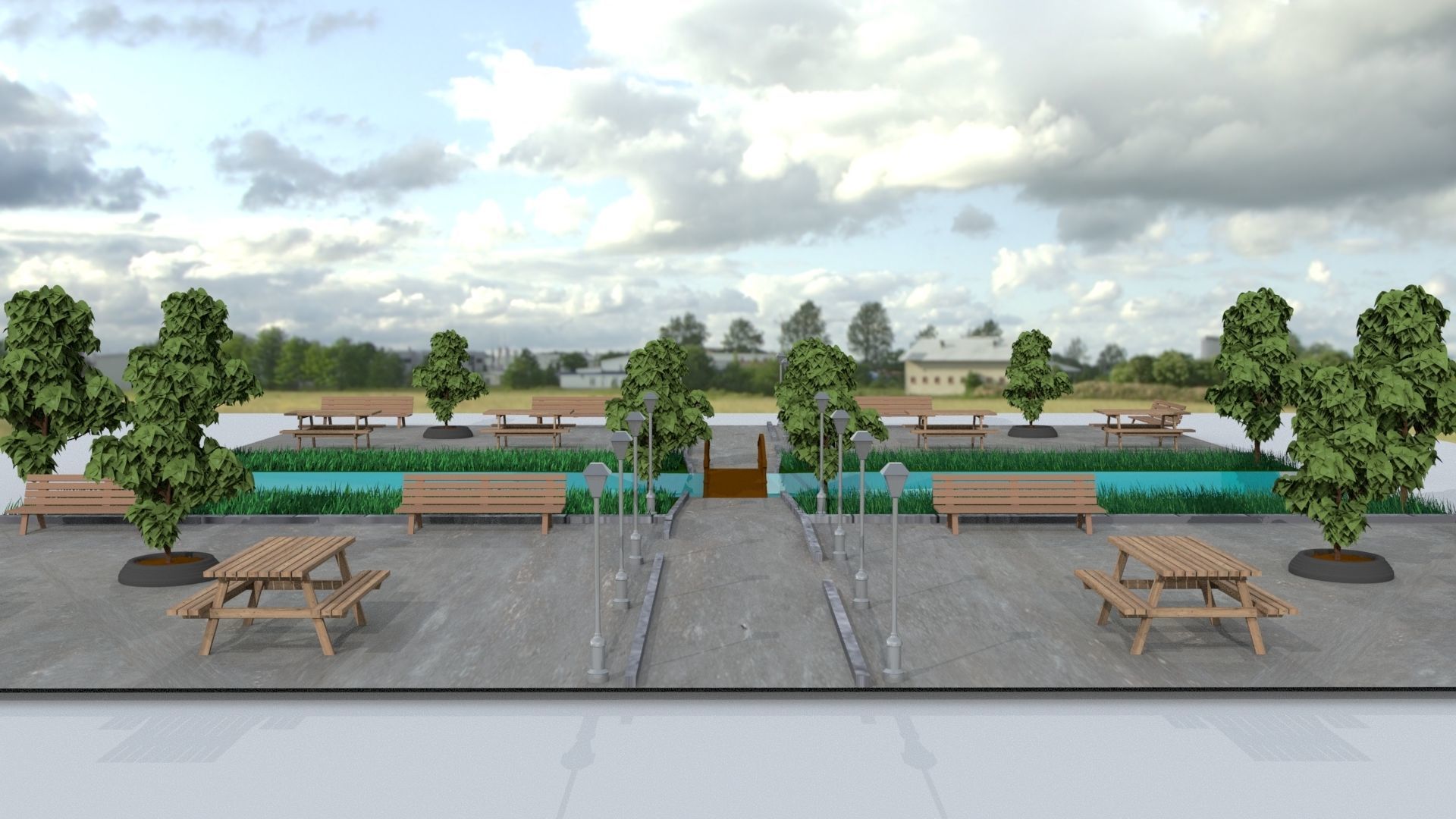 3D Park Model picnic area with benches and trees 3D model_1