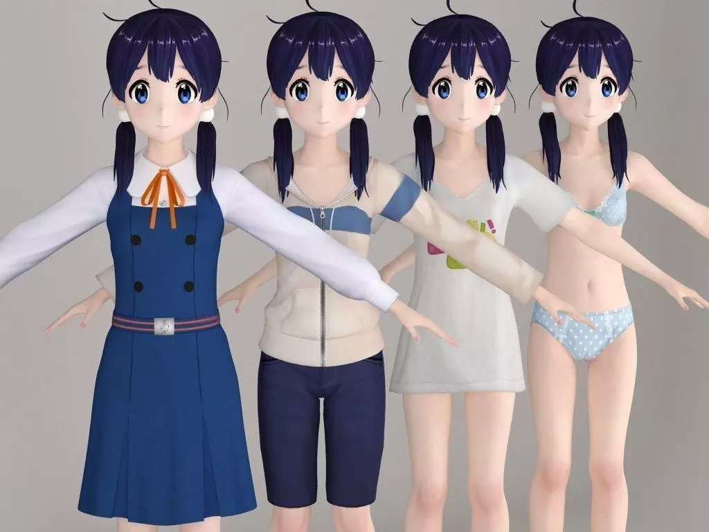 T pose nonrigged model of Tamako Kitashirakawa anime girl 3D model_0