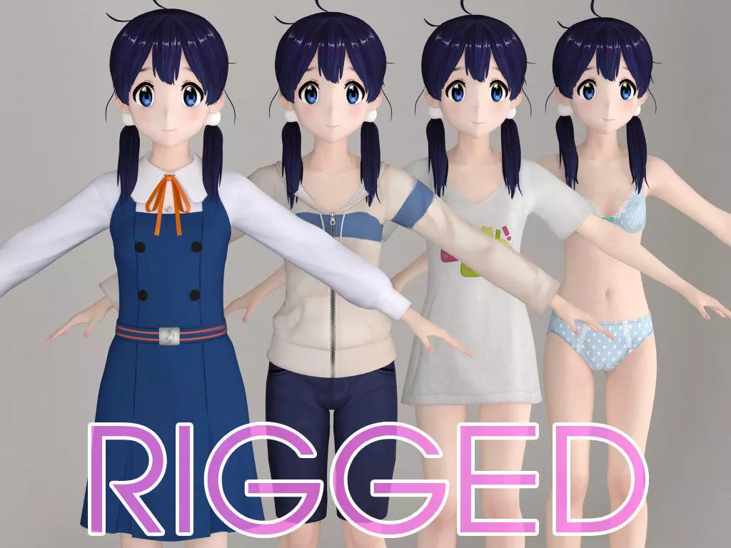 T pose rigged model of Tamako Kitashirakawa anime girl 3D model_0