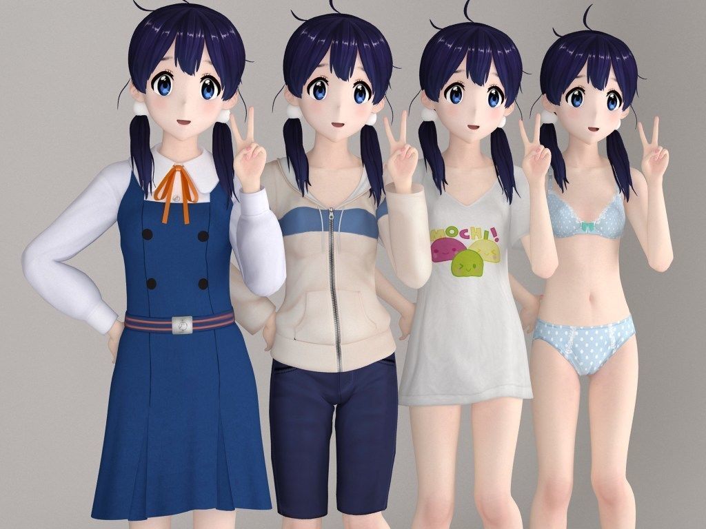T pose rigged model of Tamako Kitashirakawa anime girl 3D model_1