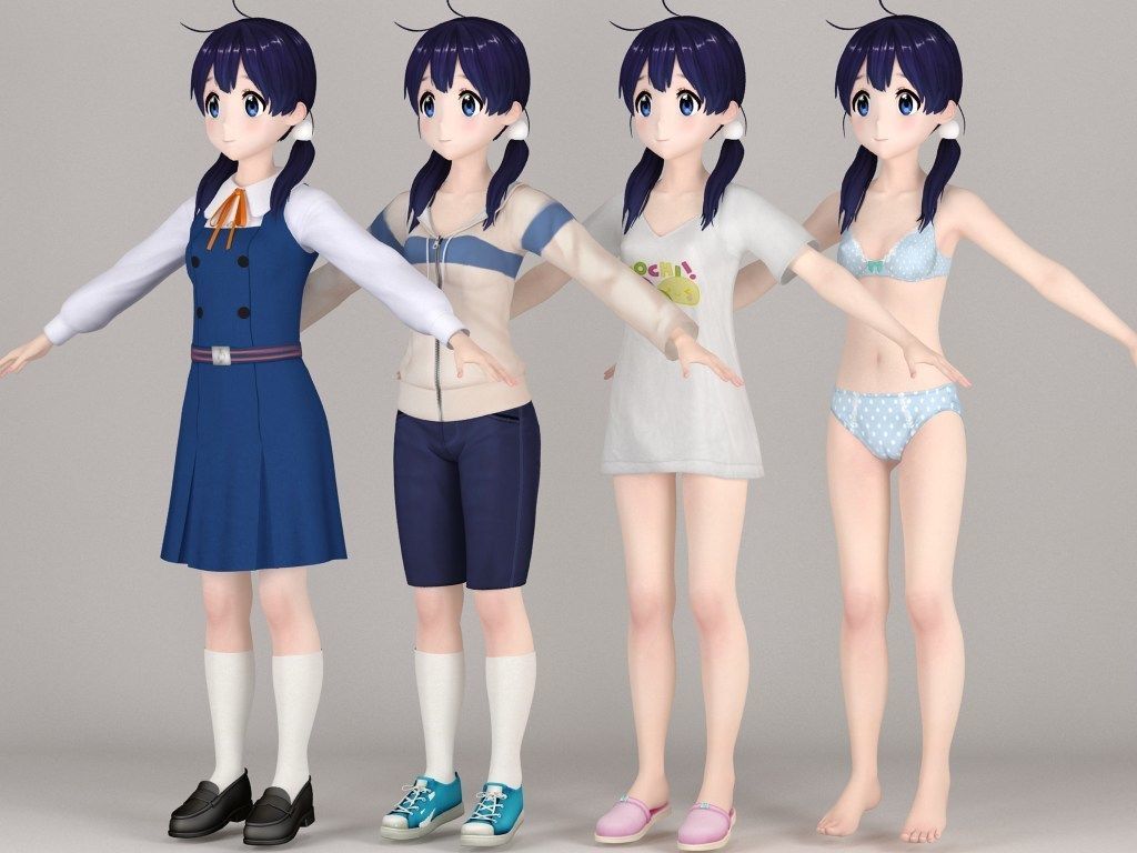 T pose rigged model of Tamako Kitashirakawa anime girl 3D model_5