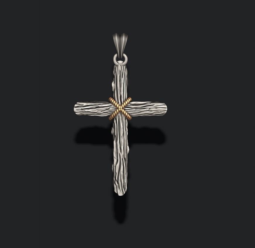 cross pendant with wood texture   3D print model_1