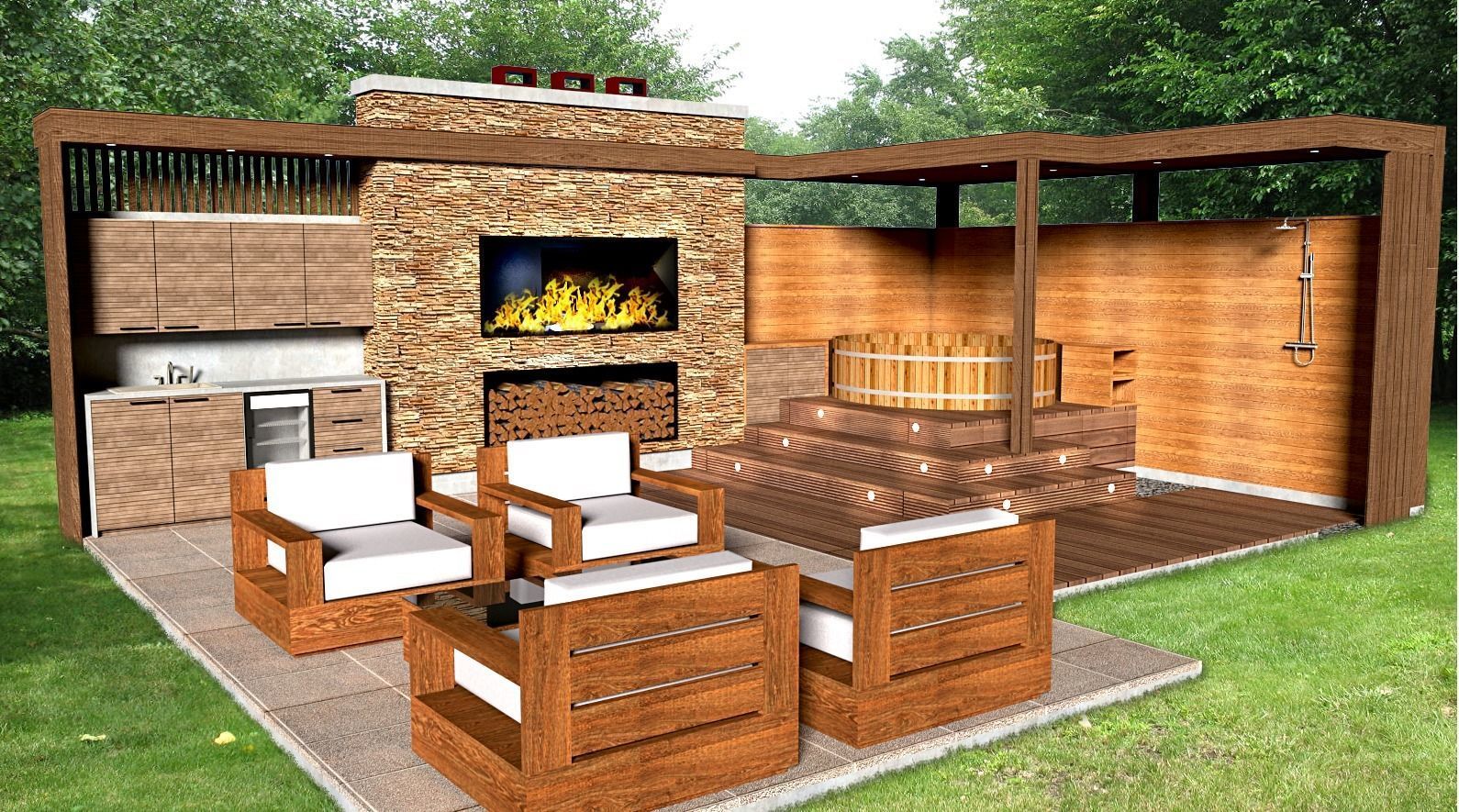 furniture outdoor kitchen lounge grill hot tube pavilion 3d mode 3D model_1