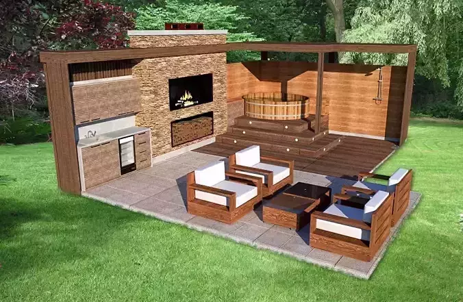 furniture outdoor kitchen lounge grill hot tube pavilion 3d mode 3D model