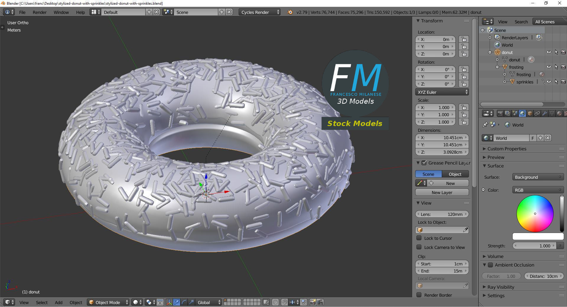 Stylized donut with sprinkles 3D model_9