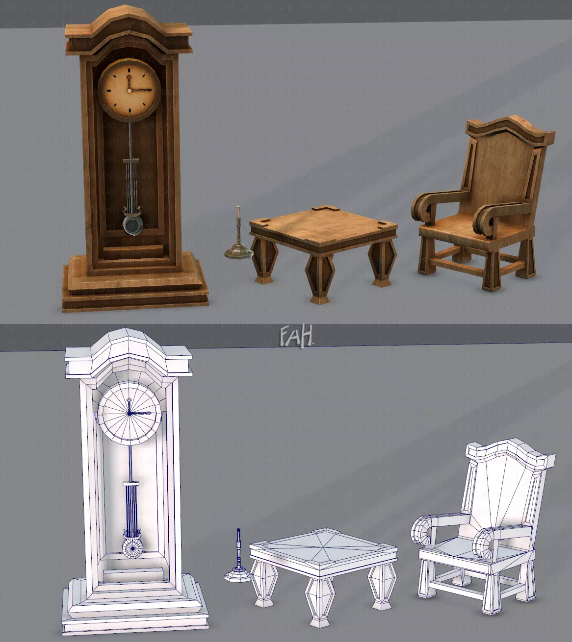 Furniture set for game Low-poly 3D model_0