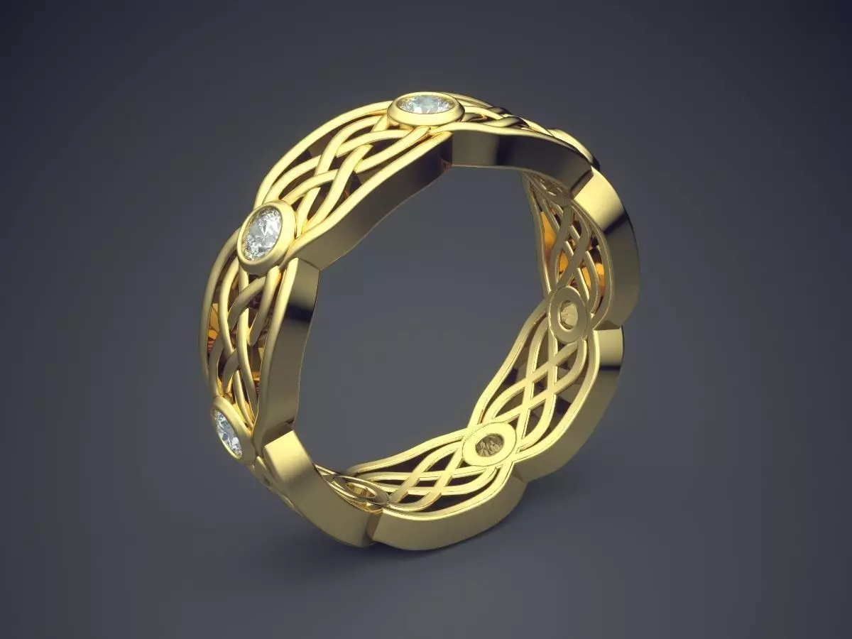 Golden Braided Lines Ring With Diamonds 3D print model_0